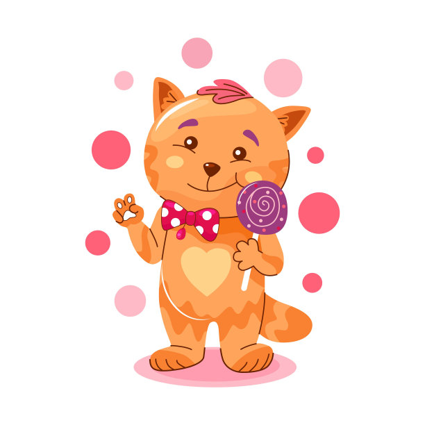 拿着棒棒糖的可爱肥猫。猫喜欢吃甜食。图片下载