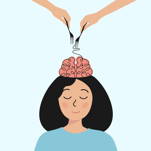 困惑的想法。一个长着脑子的女孩。女人的手握着叉子，扭着脑袋图片下载