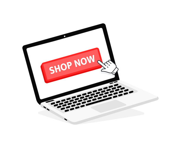 现在商店文本在笔记本电脑屏幕上有一个红色按钮。用指针单击按钮。手指按图片下载