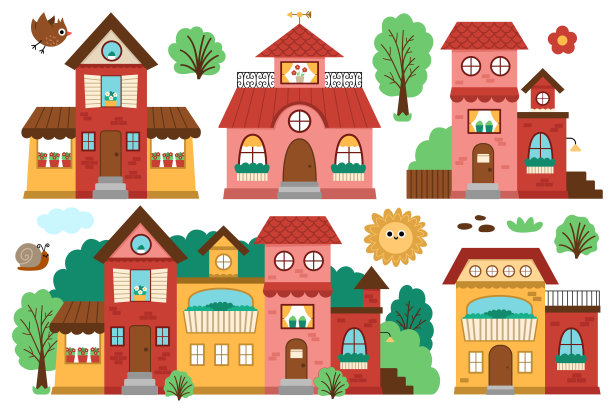 矢量房屋设置与花园，树木，灌木，鸟，蜗牛。住宅建筑插图集。可爱的小屋和鲜花。有趣的小镇或城市的彩色图片图片下载