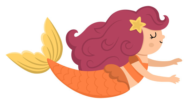 童话矢量游泳美人鱼与红头发。幻想鱼女孩孤立在白色背景。童话般的海公主。金银岛，水下探险的标志。可爱的海妖角色图片下载