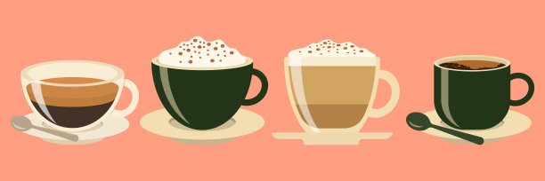 冷热咖啡饮料。不同种类的饮料。浓缩咖啡、美式咖啡、卡布奇诺和拿铁纸杯，冰玛奇朵玻璃杯。平面矢量插图隔离在白色背景图片下载