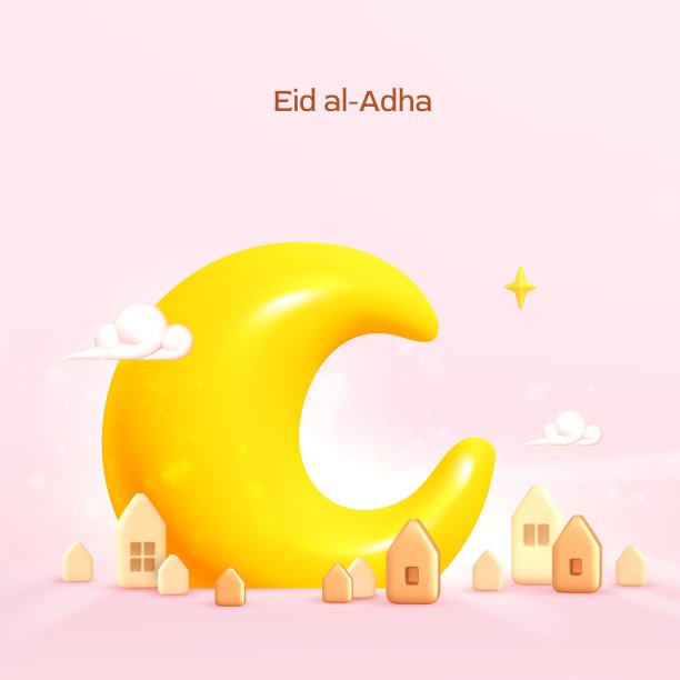 宰牲节祝福3d卡。伊斯兰灯光装饰背景以新月、云彩、房屋为主。穆斯林的节日。卡通矢量现代插图图片下载