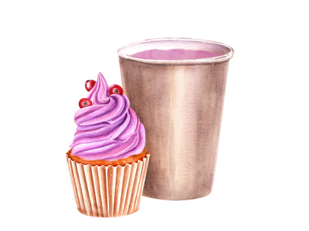 棕色纸杯，粉红色的饮料。用深粉色奶油和红色浆果装饰的饼干松饼。烤蛋糕，蔓越莓。美味的早餐。甜点，咖啡。水彩插图孤立在白色图片下载