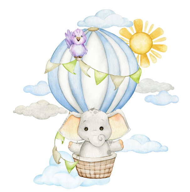 可爱的水彩插图大象在一个热气球，与紫色的鹦鹉，太阳和云。完美的儿童装饰，托儿所艺术，和婴儿送礼会邀请。图片下载