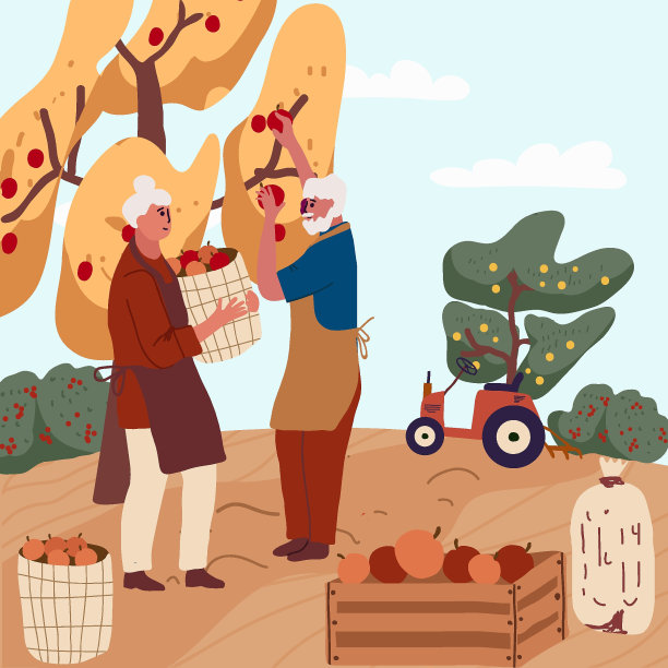 矢量平面插图秋收，人的性格，老年夫妇采摘有机水果和蔬菜在果园。图片下载