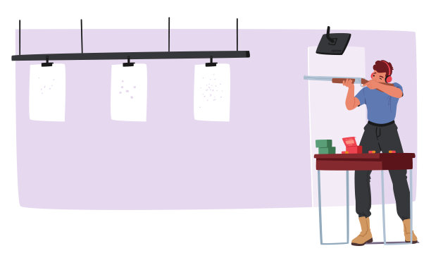 专注的人在室内靶场练习射击。戴着护耳的男主角自信地站着，瞄准步枪图片下载