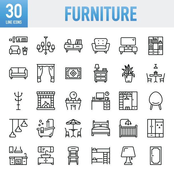 家具-细线矢量图标集。像素完美。移动和Web。该套装包含图标:家具，沙发，椅子，桌子，书桌，办公室，办公椅，床-家具，卧室，客厅，家庭生活，厨房，橱柜，扶手椅，壁橱图片下载
