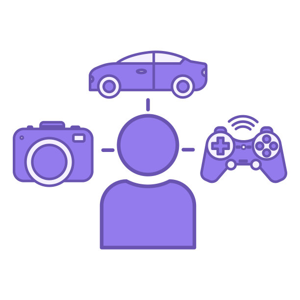 彩色爱好图标。一个人对摄影，汽车和视频游戏充满激情的矢量图标。生活方式的概念图片下载