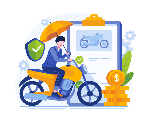 一个年轻人打着伞骑着摩托车，伞上了保险。摩托车保险插画概念图片下载