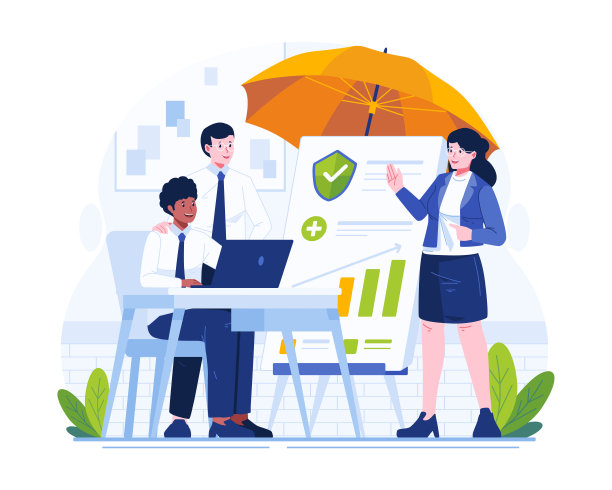 一位女保险代理人正在给两位男职员做保险方面的介绍。健康和工作保险插画概念图片下载