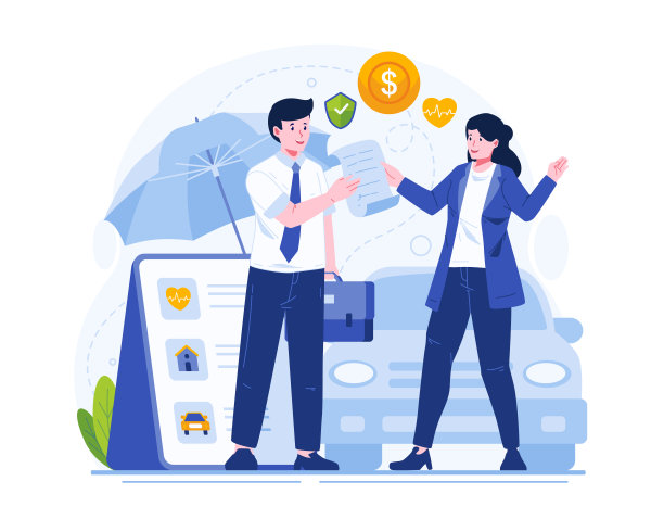 保险插画概念。一位年轻女子拿着一份保险单与一位男性保险代理人达成交易图片下载
