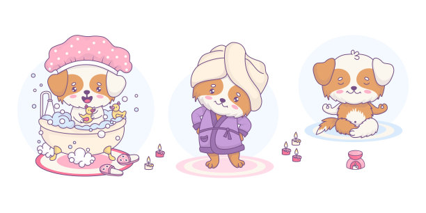 洗澡时间和可爱的狗。有趣的宠物在有泡沫的浴缸里洗澡。小狗穿着浴袍，头上裹着毛巾，小狗在冥想。孤立的卡通卡哇伊动物形象。矢量插图。图片下载