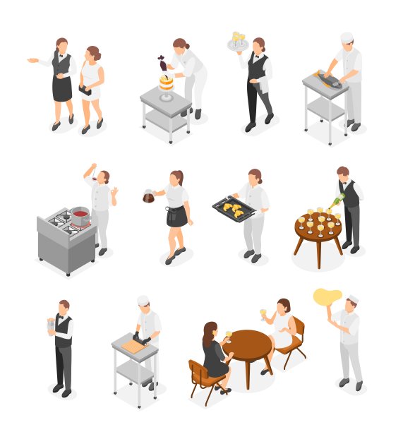 等距餐厅团队。厨师准备饭菜和烹饪，服务员与客户和管理员。披萨机，朋友见面，完美的矢量集图片下载