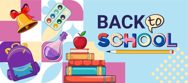 返校销售概念。欢迎来到学校海报模板与学校的东西矢量插图放置在方形块。时尚的教育主题海报。图片下载