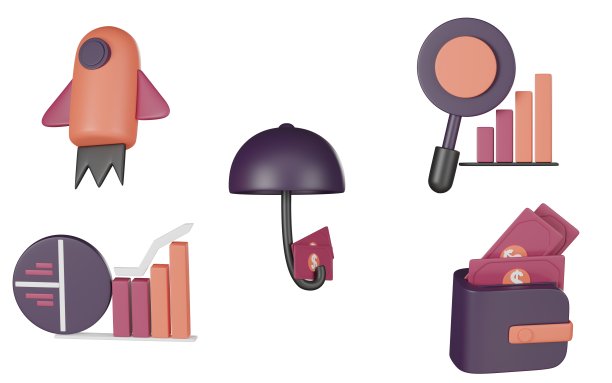 孤立的图标白色背景迷你风格的业务，包括钱包，财务图表，圆柱形火箭。三维渲染图片下载