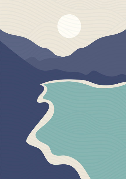 海滨山景插画海报。极简主义的现代卡通2d艺术。图片下载