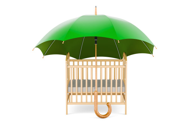 婴儿床，伞下的婴儿床。三维渲染图片下载