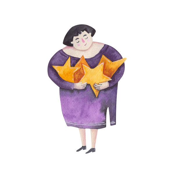 穿着紫色裙子的女孩手持星星，俯视着白色背景上的水彩插图图片下载
