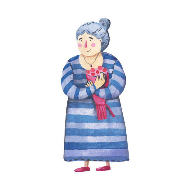 手捧鲜花花束的奶奶角色水彩插画图片下载