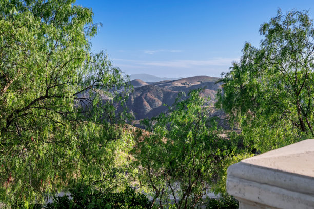 从建筑物内部看到的山脉、树木和灌木的照片图片下载
