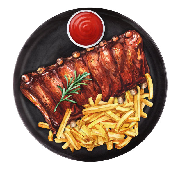 油炸多汁烧烤排骨配薯条。水彩插图图片下载