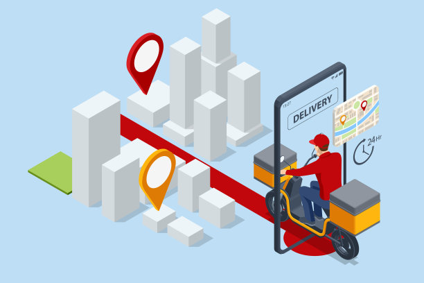 等距送餐摩托车，送餐员骑滑板车。在线订购食品或披萨及包装盒。带有包的逼真摩托车，是餐馆和咖啡馆快递员的理想选择图片下载