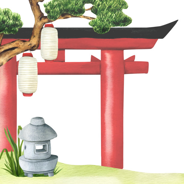 日本纸灯笼，传统的红木灯笼和盆景松树的日本花园。手绘水彩插图与复制空间。景观设计元素图片下载