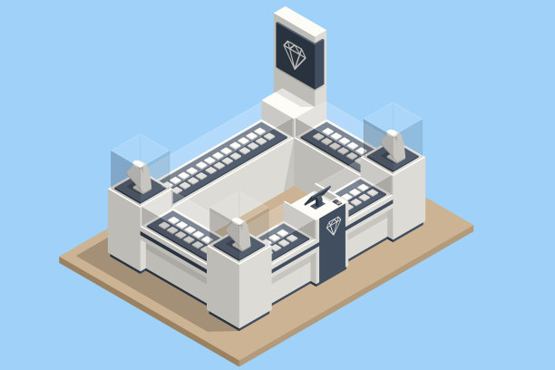 优雅的珠宝。首饰:镶有钻石或宝石的金银戒指。卡通珠宝店橱窗。黄金珠宝店图片下载
