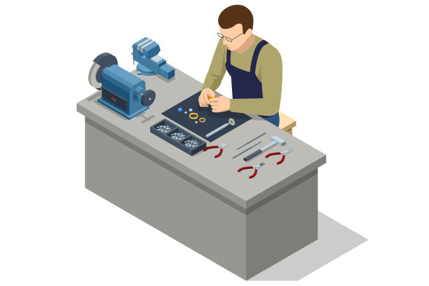 Isometric专业珠宝设计师制作手工珠宝。珠宝商在他的工作室工作。镶有宝石的银饰。产品静物概念图片下载