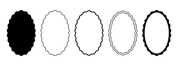一套椭圆形框架与波浪的边界。椭圆形状，有弯曲的棱角。镜子，图片或相框，空白文本框，标签或标签隔离在白色背景。矢量图解图片下载