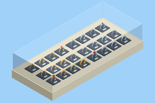 优雅的珠宝。打开带戒指的礼盒。首饰:镶有钻石或宝石的金银戒指。卡通珠宝店橱窗。黄金珠宝店。图片下载