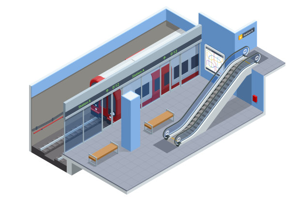 地铁站台等距。高铁。包括地下列车、车站及路线横断面、桥梁。地铁车站、铁路快速交通系统、地铁站台。图片下载