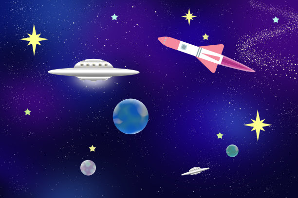 星夜插图中的火箭和UFO飞船图片下载