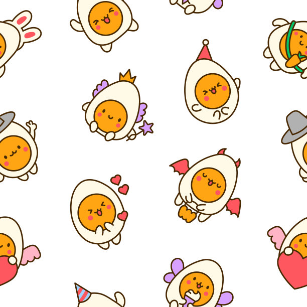 可爱的卡哇伊煮蛋和滑稽的脸。无缝模式。卡通快乐食品人物。手绘风格。矢量图。设计的饰品。图片下载