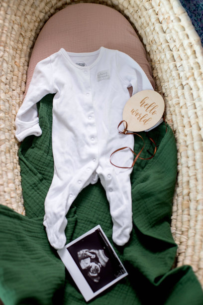 摩西篮子里婴儿服装和超声波照片的俯视图。期待新的生活。为新生概念做准备图片下载