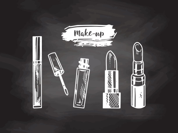 黑板背景上不同类型口红的一组手绘涂鸦草图。为美容院、化妆品店、彩妆设计插画。雕刻的形象。图片下载