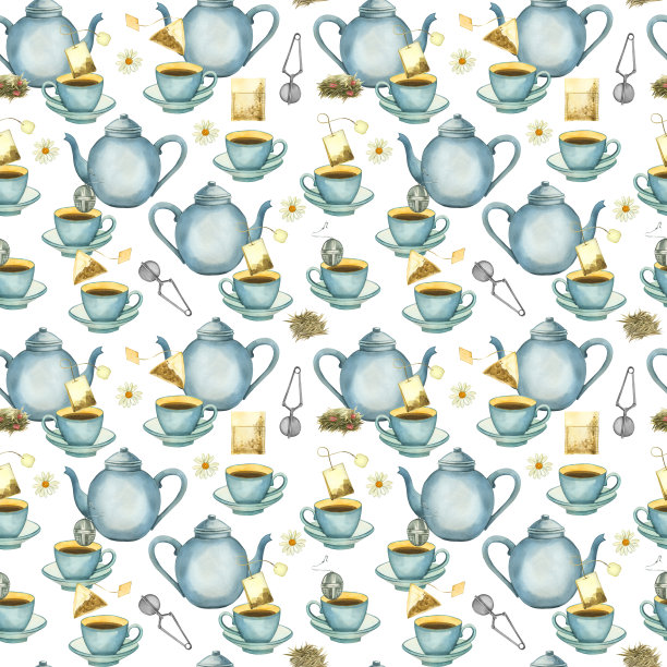 以茶为主题的水彩画。茶杯，洋甘菊，茶包，过滤器，冲泡器。一切都是用水彩画的。用于织物上的印刷，用于包装设计图片下载