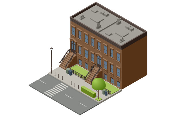 等距纽约老曼哈顿住宅。布鲁克林的公寓。旧抽象建筑和立面。复古房屋的正面，纽约街道或老布鲁克林。图片下载