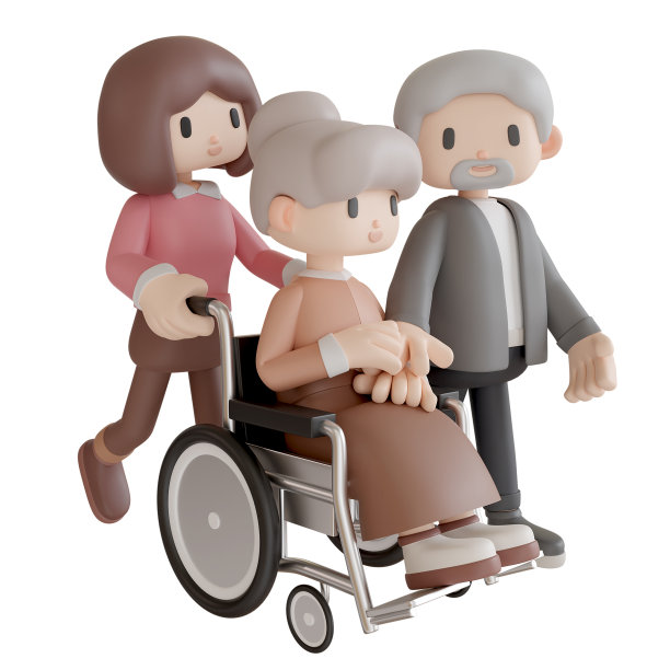 3d渲染一位坐在轮椅上的老妇人，她的家人在她身边图片下载