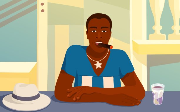 拿着雪茄和鸡尾酒休息的古巴人。风格-美国现实主义。当代美学海报设计。向量模板图片下载