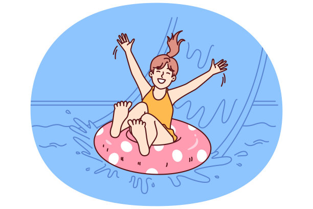 小女孩在游泳池里漂浮在充气环上，享受在阳光明媚的夏天参观水上公园图片下载