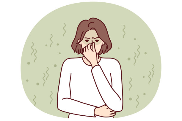 妇女因厌恶因违反卫生规定而产生的气味和有毒气味而闭上鼻子图片下载