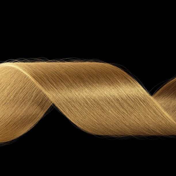 3 d渲染。光泽卷曲的金色发丝在黑色背景上孤立。丰富美丽健康的金色卷发特写，质地光滑，充满活力的光泽图片下载