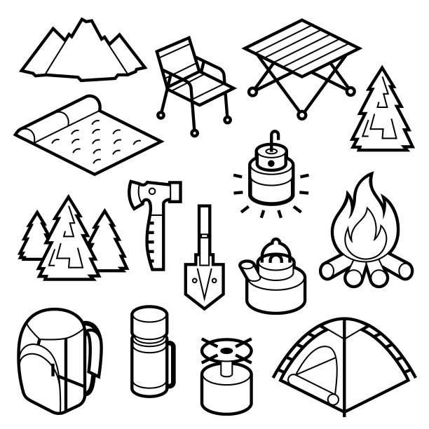 旅游野营套装。户外旅游生存装备。图片下载