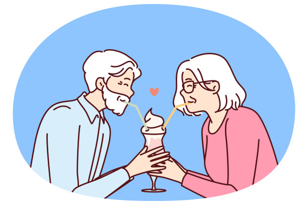 一对浪漫的老夫妇一起用吸管喝鸡尾酒，享受退休和约会图片下载