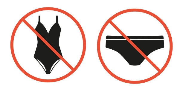 男女内衣禁售标志。禁止穿比基尼、泳装或短裤入场。入口门警告红色停止圆圈标志图片下载