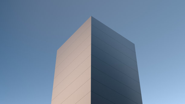 未来主义的极简主义建筑，在夜晚，黎明，日落时用砖块建造。块建设、房子、摩天大楼、壁纸。三维渲染图片下载