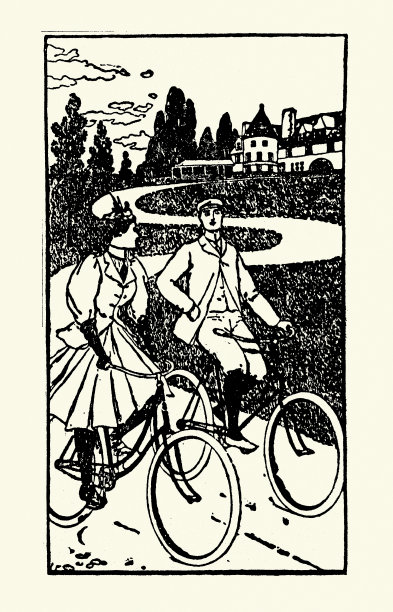 自行车的历史，男人和女人骑自行车在蜿蜒的道路上，19世纪90年代维多利亚时代的复古插图图片下载