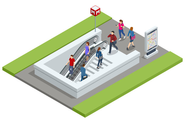 地铁站入口的等距外观。载客车:为运载大量乘客而设计的车辆地下火车站外观。地铁系统，大城市交通。图片下载